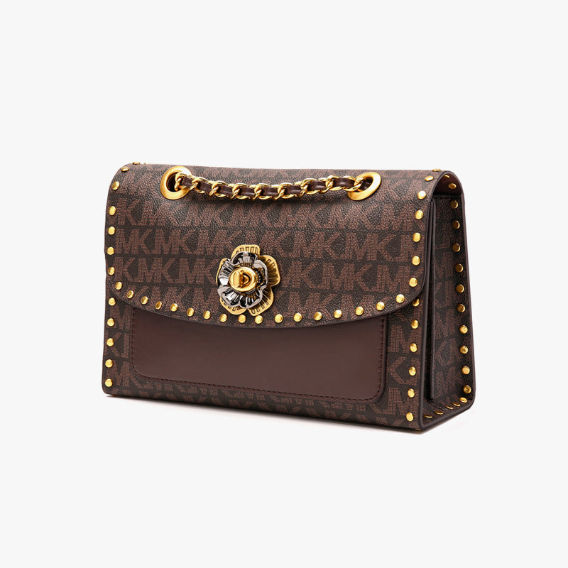 Purchasing bag 2021 new style Chaoshan Camellia genuine leather women's bag high-end one-shoulder crossbody bag rivet chain bag
