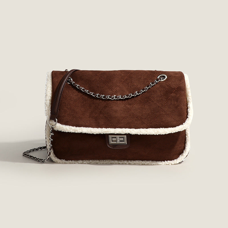 2023 Winter New Lamb Wool Nubuck Leather Fashion Plush One-Shoulder Safety Lock Tote Bag Chain Crossbody Bag
