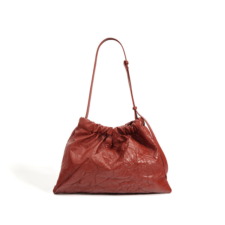 Bags for Women 2023 New Genuine Leather Large Capacity Drawstring Bucket Bag Women’s Crossbody Retro Hand Scratched Pleated Cloud Bag