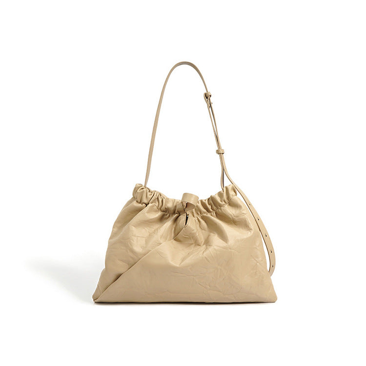 Bags for Women 2023 New Genuine Leather Large Capacity Drawstring Bucket Bag Women’s Crossbody Retro Hand Scratched Pleated Cloud Bag