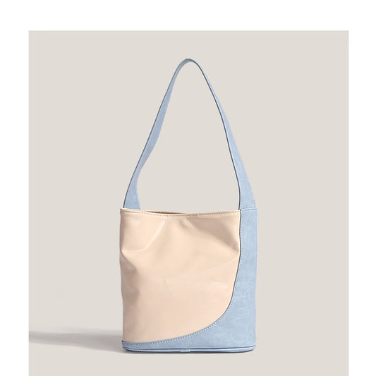 Bags 2023 new summer style small fresh hand-held small bag fashion contrasting color niche design casual soft leather bucket bag