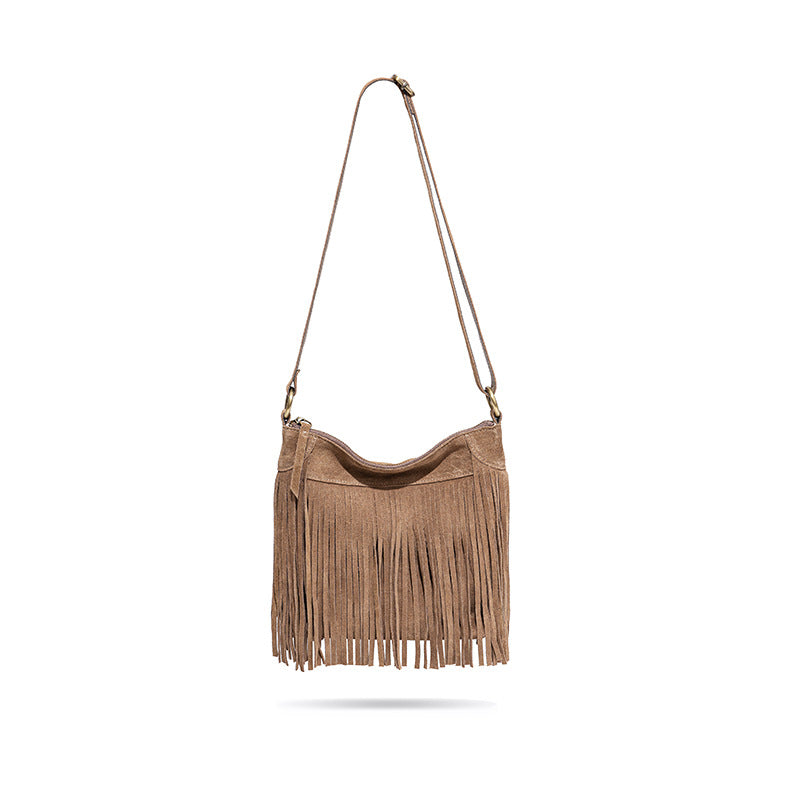 2023 New American Tassel Bag Matte Cowhide Internet Celebrity Crossbody Bag Retro Genuine Leather Bag Trend Single