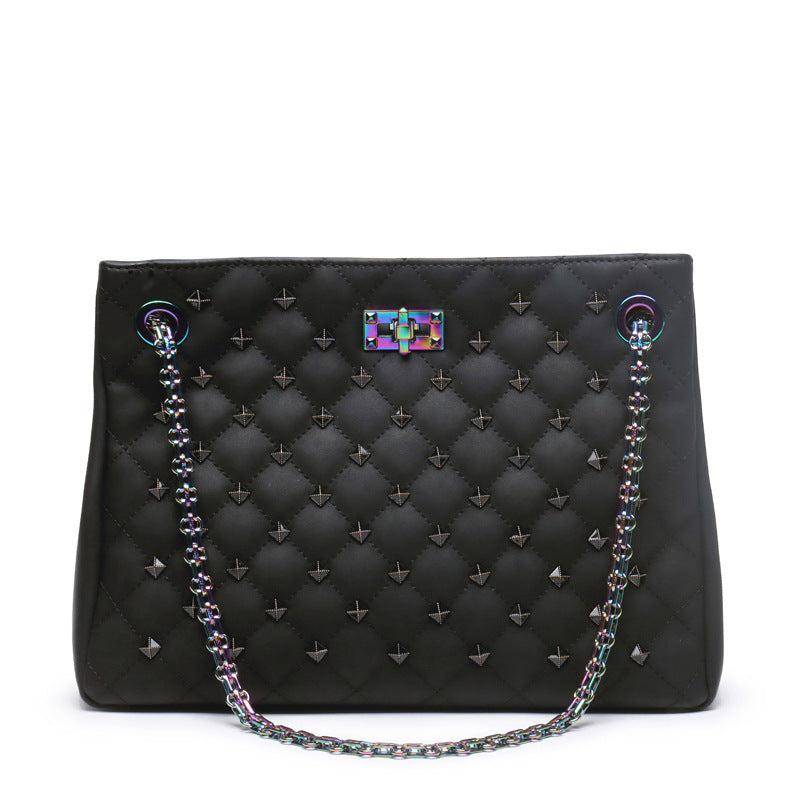 New Hong Kong style rivet cowhide large bag chain cowhide tote bag single shoulder women's capacity large bag shopping