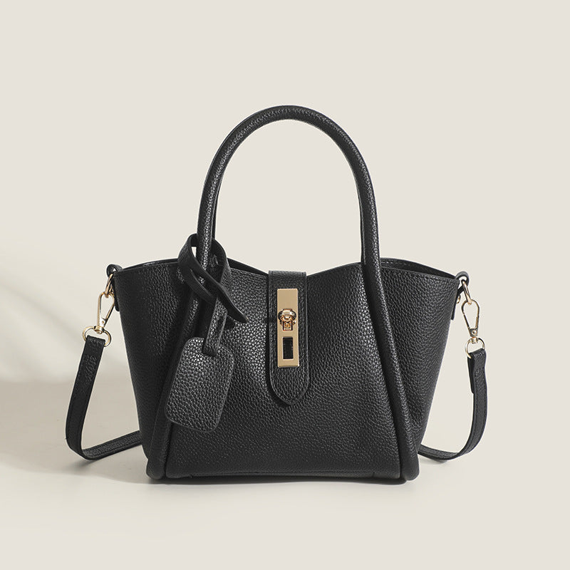 Litchi pattern black high-end texture tote bag for women 2023 new trendy casual commuter portable shoulder crossbody bag
