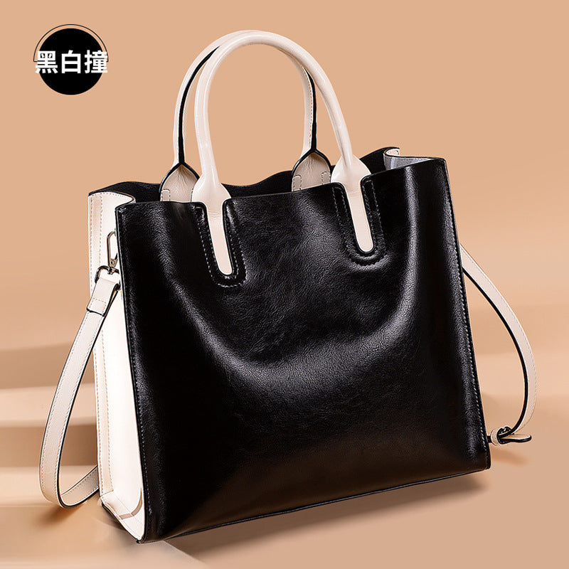 Oil waxed cowhide large bag for women 2023 new handbag shoulder bag for women European and American fashion genuine leather women's bag large capacity