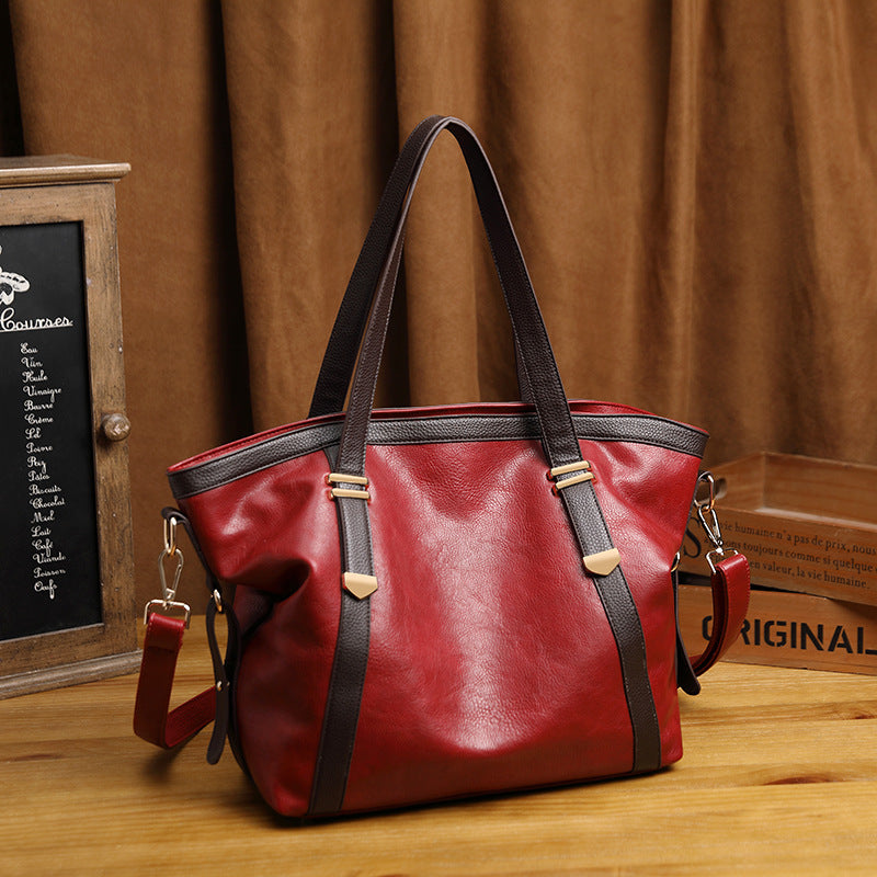 2019 New Genuine Leather Women's Bag Oil Waxed Leather Simple Ladies European and American Fashion Portable One-shoulder Diagonal Large Bag