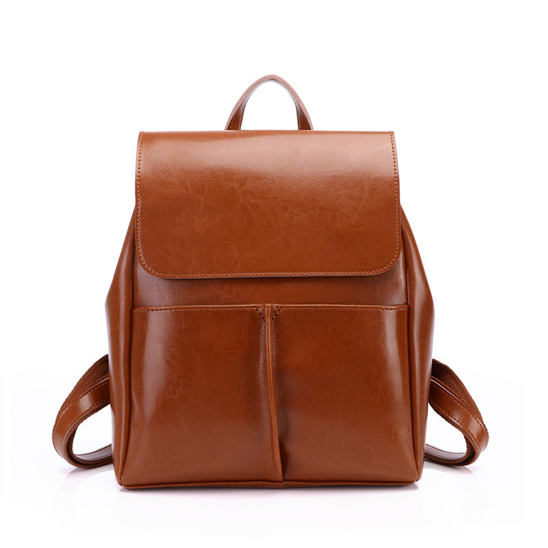 2020 New Genuine Leather Women’s Backpack Women’s Korean Style Oil Waxed Cowhide Fashion Casual Retro Travel Backpack