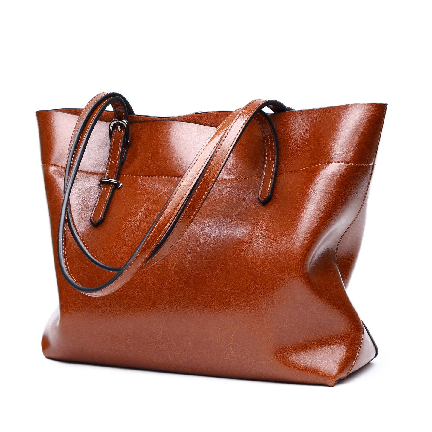 Cross-border large-capacity women's genuine leather tote bag, high-end solid color waxed cowhide, simple and elegant portable shoulder bag