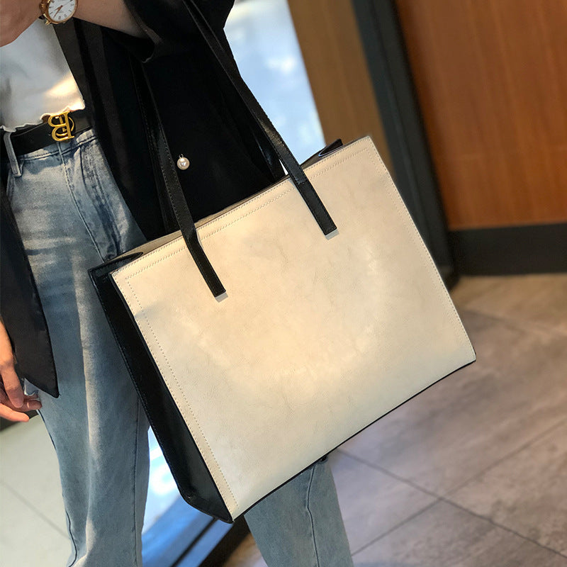 Cowhide large bag for women 2023 new contrasting color shoulder bag fashionable casual handbag for women genuine leather large capacity women's bag