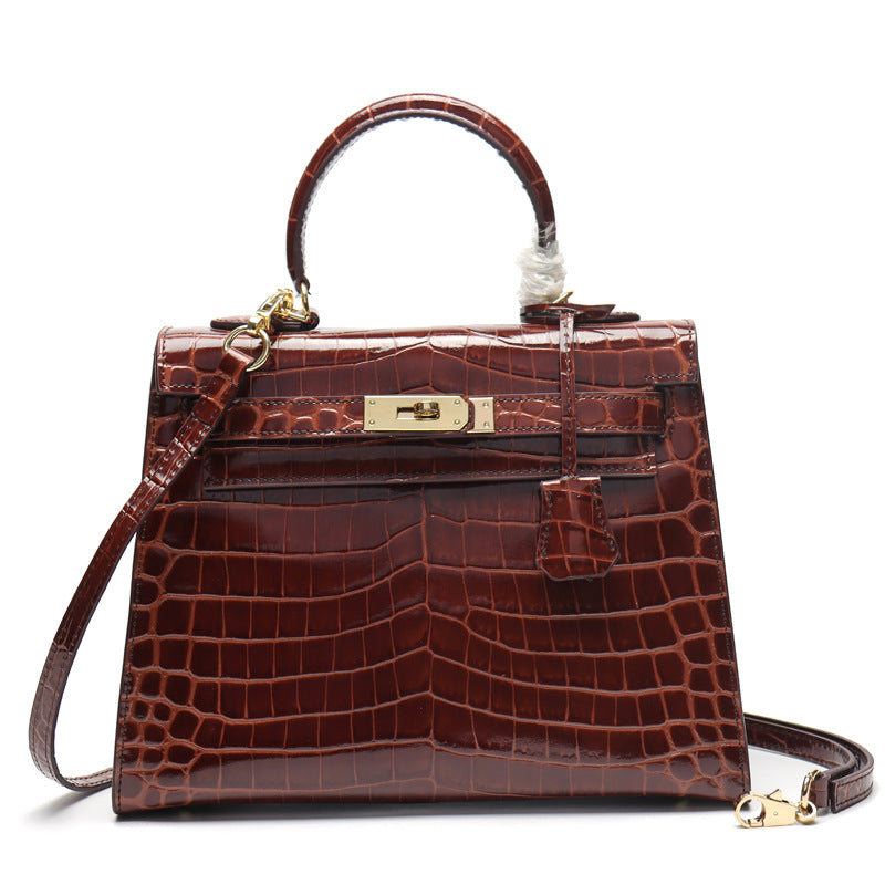 New genuine leather Kelly bag European and American fashion crocodile pattern cowhide women's bag shoulder crossbody bag handbag