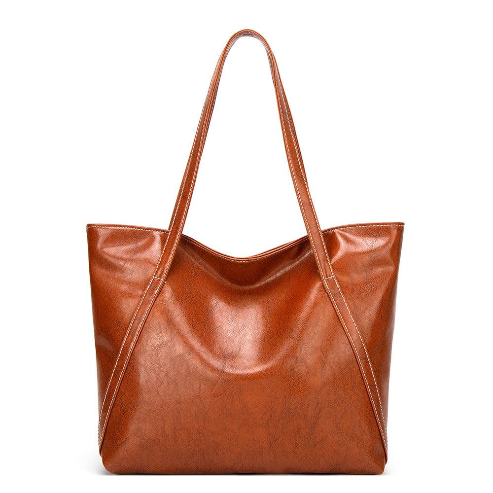 Guangzhou bag women's foreign trade new tote bag women's large capacity handbag oil wax leather soft leather simple shopping bag