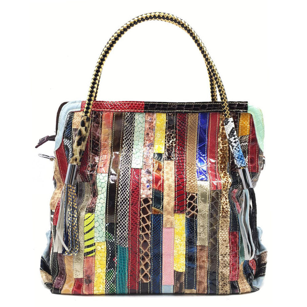 Guangzhou Factory Wholesale Agent Genuine Leather Women's Bags Snake Print Colorful Stripes One-shoulder Diagonal Tote Bag Ready in Stock