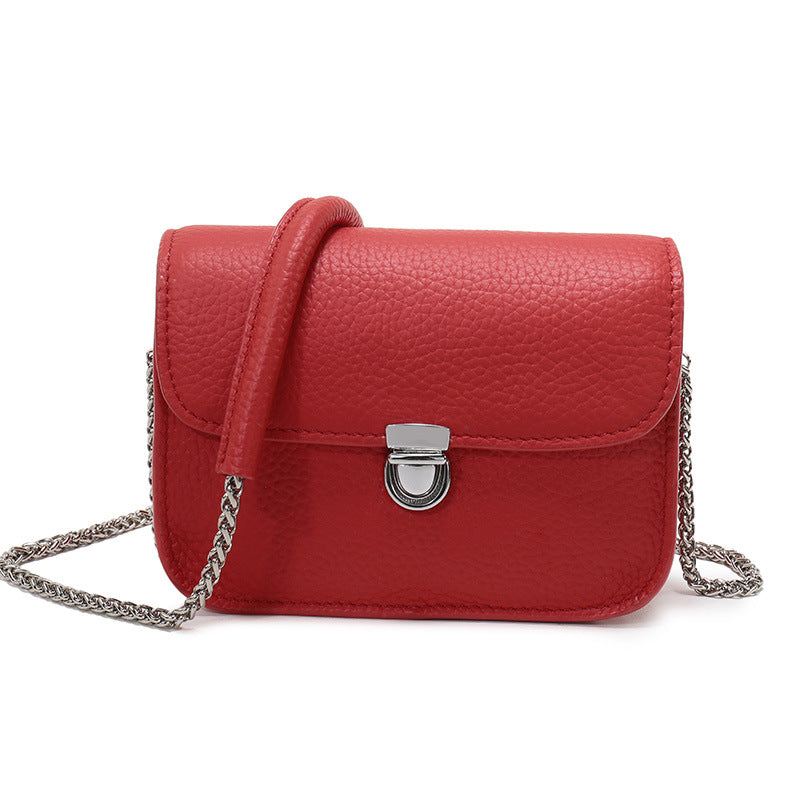 Litchi pattern small square bag, fashionable and versatile shoulder bag, first-layer cowhide genuine leather women's bag, new cross-body women's bag