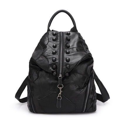 Casual New Stitched Backpack Women's Genuine Leather Backpack Handbag Large Capacity Sheepskin Outdoor Travel Bag H990