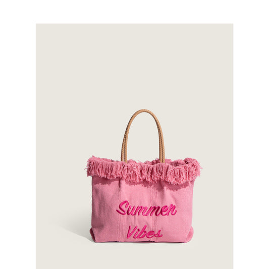 2022 new summer woven bag pink canvas bag large capacity large bag women's fashion portable shoulder tote bag