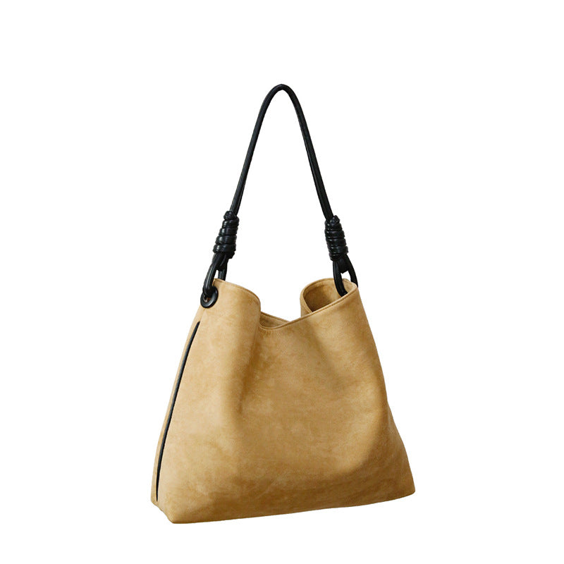 2023 Korean Autumn and Winter New Style Matte Retro Suede Contrast Color Shoulder Bucket Bag Large Capacity Portable Crossbody Women’s Bag