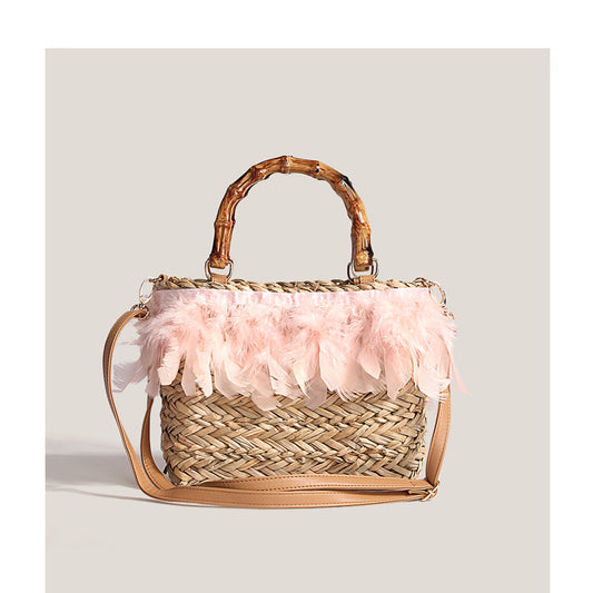 Fairy style feather hand-held straw bag 2023 new summer cross-body woven small square bag female hand-carried holiday rattan bag