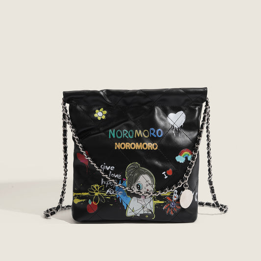 Silver armpit bag for women 2023 new fashion chain bucket bag summer style graffiti shoulder crossbody bag