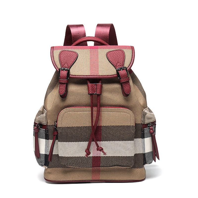 First-layer cowhide with plaid cloth backpack for women new style backpack travel bag student school bag