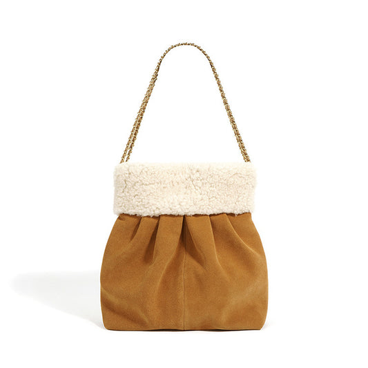 Nubuck leather bucket bag lamb wool women's bag large capacity commuting plush bag 2023 autumn and winter new shoulder crossbody bag