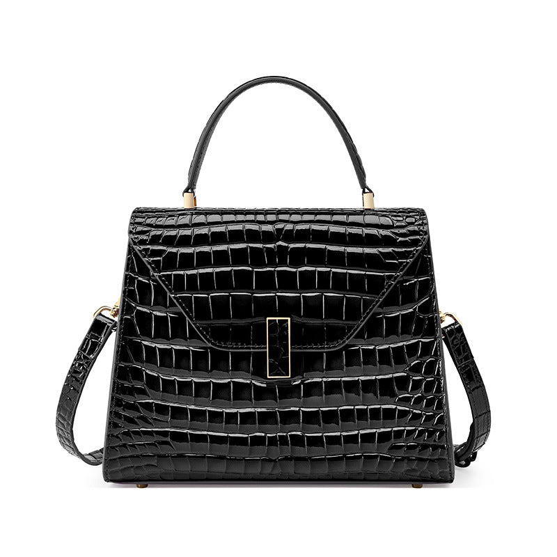 2023 Genuine Leather Women's Bag 2022 New European and American Fashionable Cowhide High-gloss Arch Beaded Crocodile Pattern Handbag