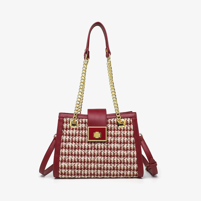 High-end red houndstooth chain armpit handbag for women 2023 wedding gift niche woolen bride wedding bag