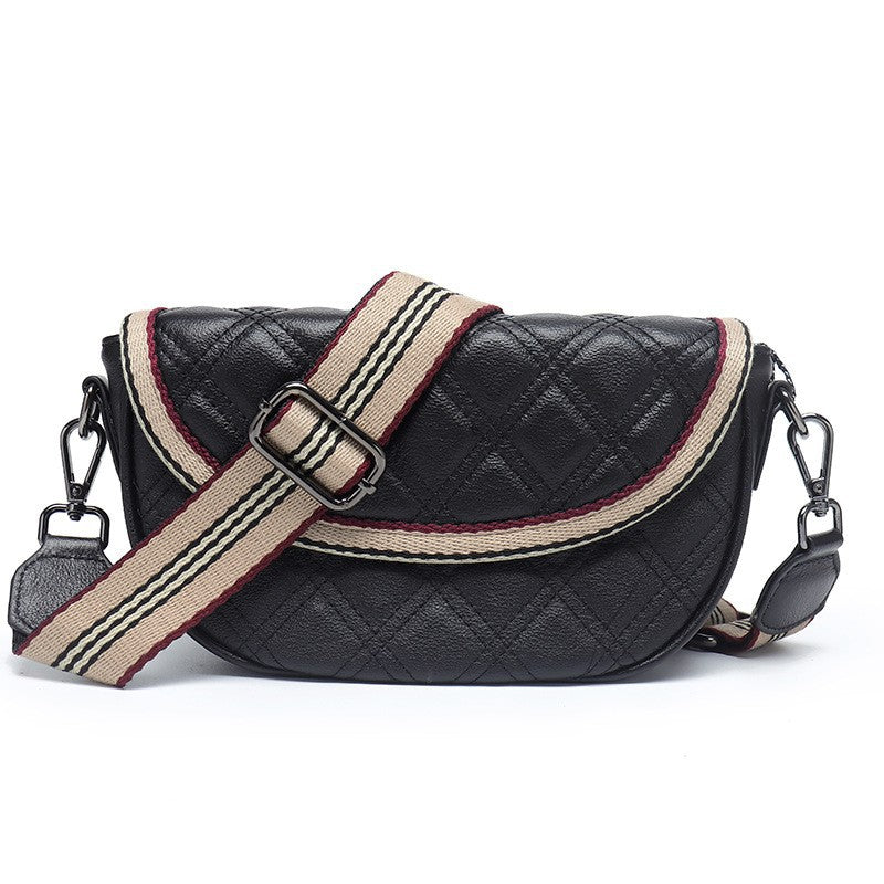 New Trendy Saddle Bag First Layer Textured Cowhide Women's Bag Wide Shoulder Strap Embroidered Genuine Leather Women's Casual Single Room Diagonal Crossbody Bag