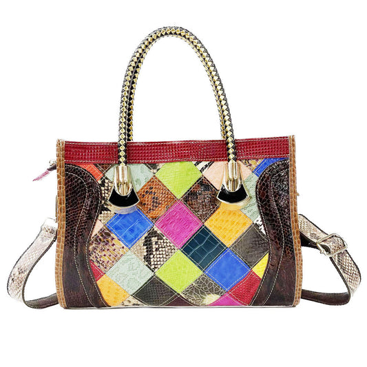 Cross-border genuine leather women's bag, colorful genuine leather splicing plaid handbag, shoulder crossbody bag, ready for delivery from Guangzhou