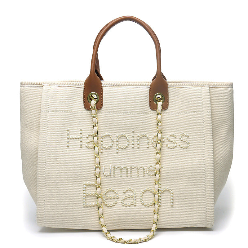 New style canvas + genuine leather hand-held chain pearl beach bag mommy bag shoulder tote women's bag