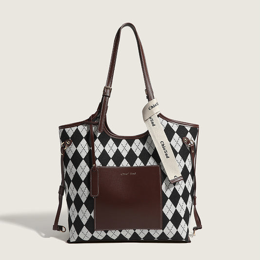 Trendy retro armpit bag 2023 new women's bag rhombus printed tote bag large capacity contrasting color mother-in-law shoulder bag