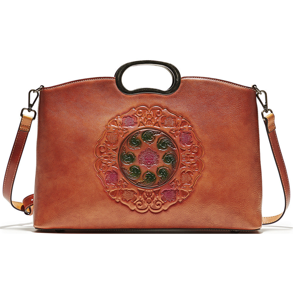 Retro European and American first-layer cowhide handbag, ethnic style large bag, shoulder crossbody bag, Amazon cross-border foreign trade women's bag