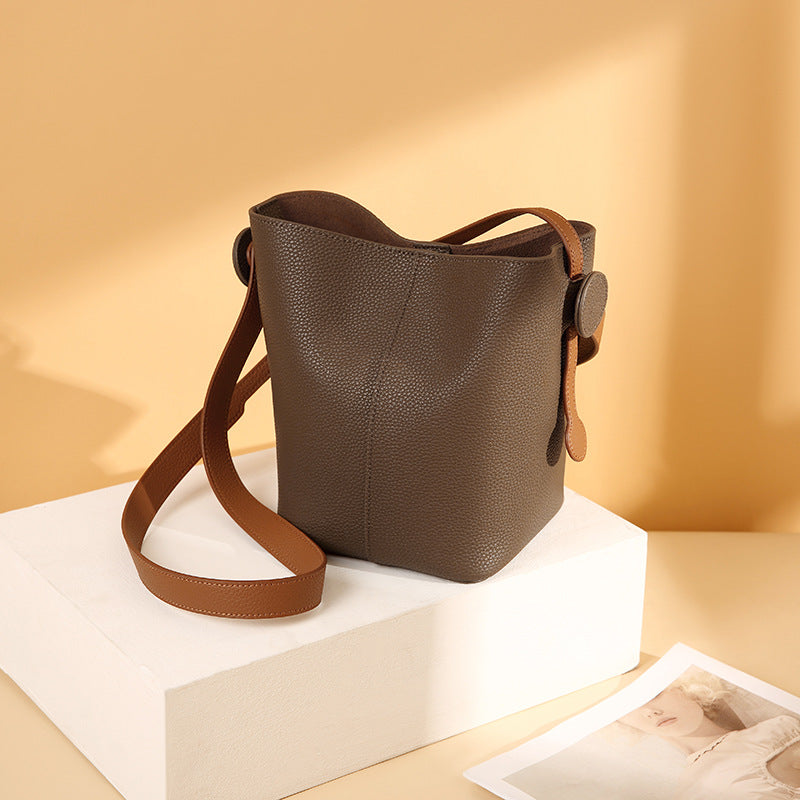 Genuine leather women's bag high-end bag 2023 new bucket bag women's handbag crossbody bag niche vegetable basket contrasting color