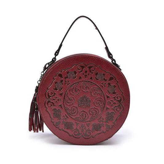 2023 New Crossbody Bag Round Bag Genuine Leather National Style Women’s Bag Literary Style Retro Handbag Bag Women