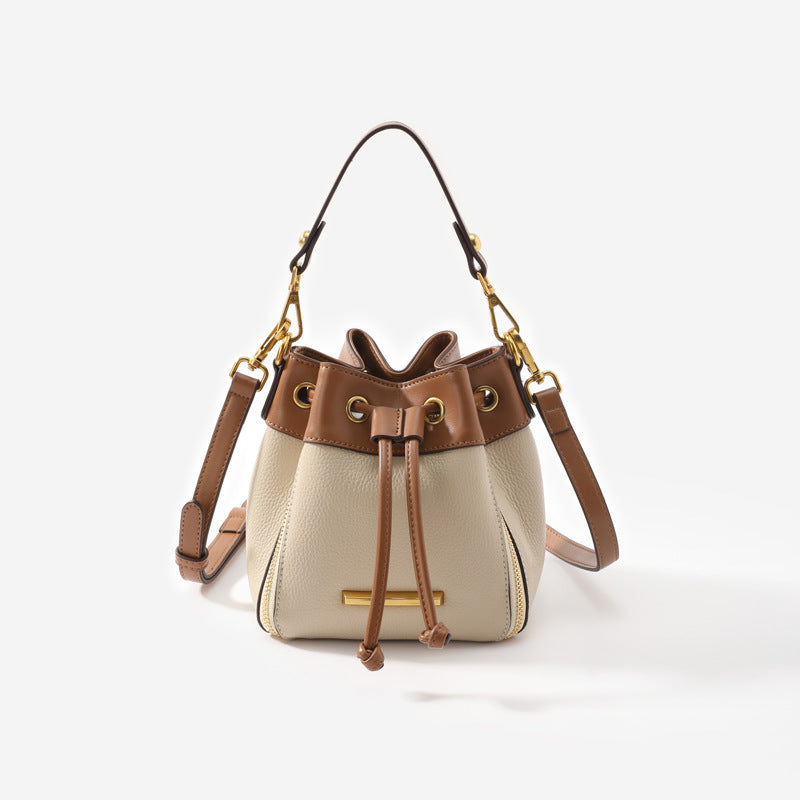 Genuine leather drawstring contrasting color small bucket bag for women 2023 new trendy internet celebrity fashion niche high-end crossbody bag handbag