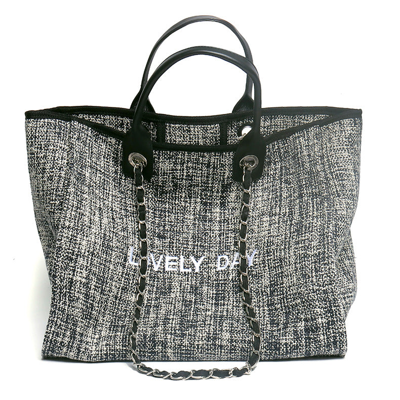 Popular shopping bag, small fragrant tote bag, high-end canvas with cowhide bag, large capacity shoulder bag, handbag