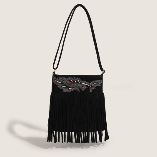 Retro fashion large-capacity crossbody tote bag European and American style tassel shoulder women's bag solid color texture atmospheric handbag