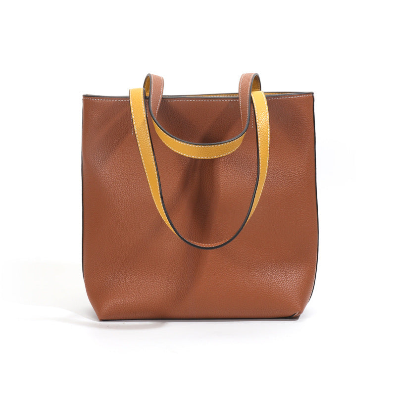 Autumn and winter tote bag commuter genuine leather women's bag simple bucket bag large capacity high-end single shoulder handheld women's bag