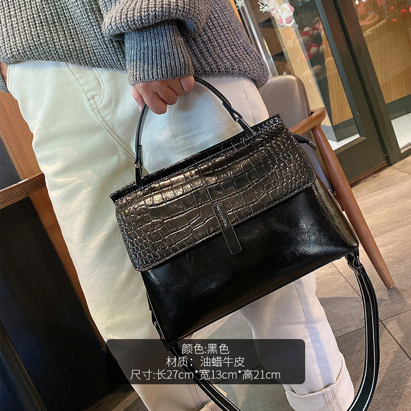 Women's new waxed cowhide single shoulder cross-body bag genuine leather women's bag crocodile pattern fashion temperament ladies handbag