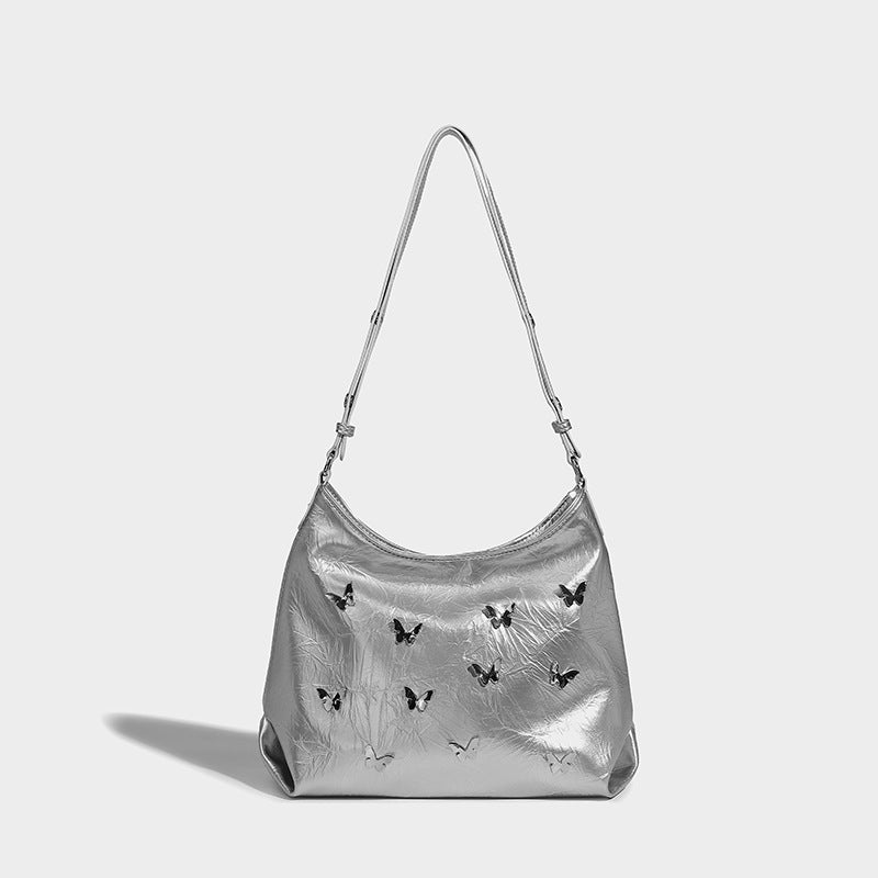 2023 summer new fashion niche design silver garbage bag chain large capacity commuter shoulder tote bag