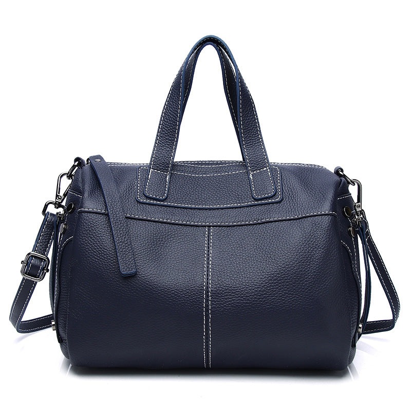 2023 new Korean version of large-capacity first-layer cowhide stitched soft leather casual Boston bag shoulder crossbody handbag