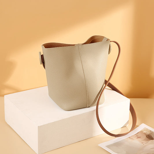 Genuine leather women's bag high-end bag 2023 new bucket bag women's handbag crossbody bag niche vegetable basket contrasting color