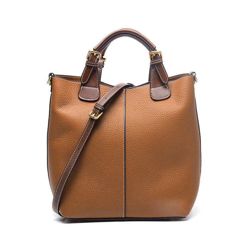 Large genuine leather bag, first-layer cowhide women's bag, trendy bucket bag, commuter shoulder bag, large-capacity handbag