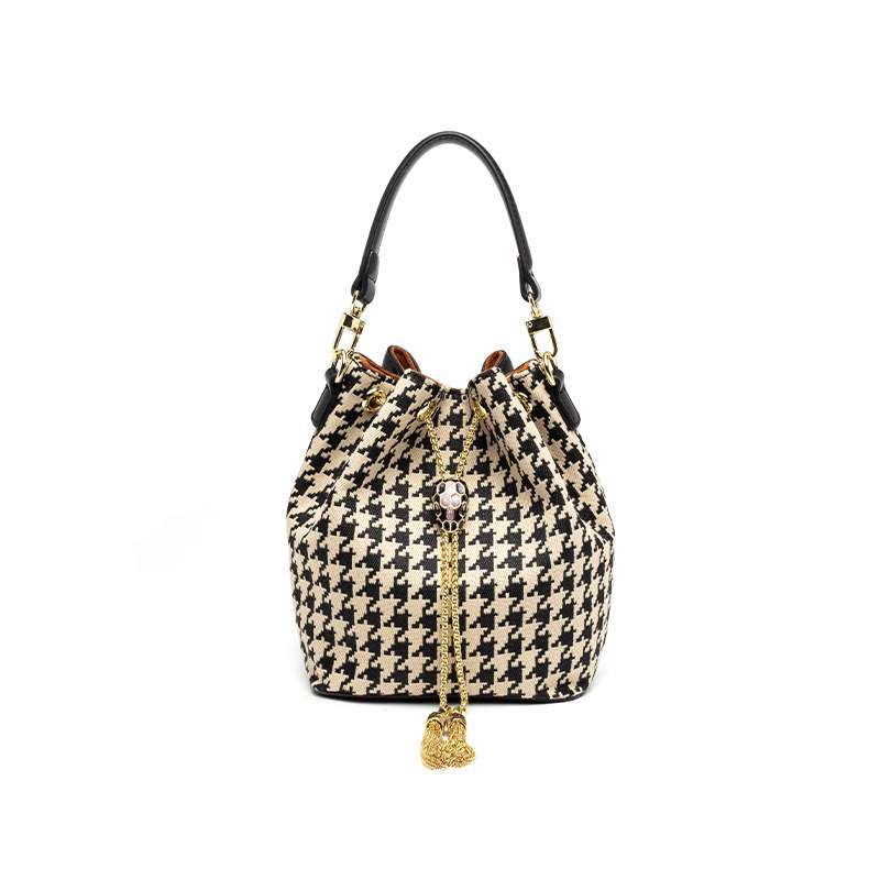 Fashionable texture bucket bag 2023 new drawstring houndstooth women's bag high-end niche Korean version single shoulder