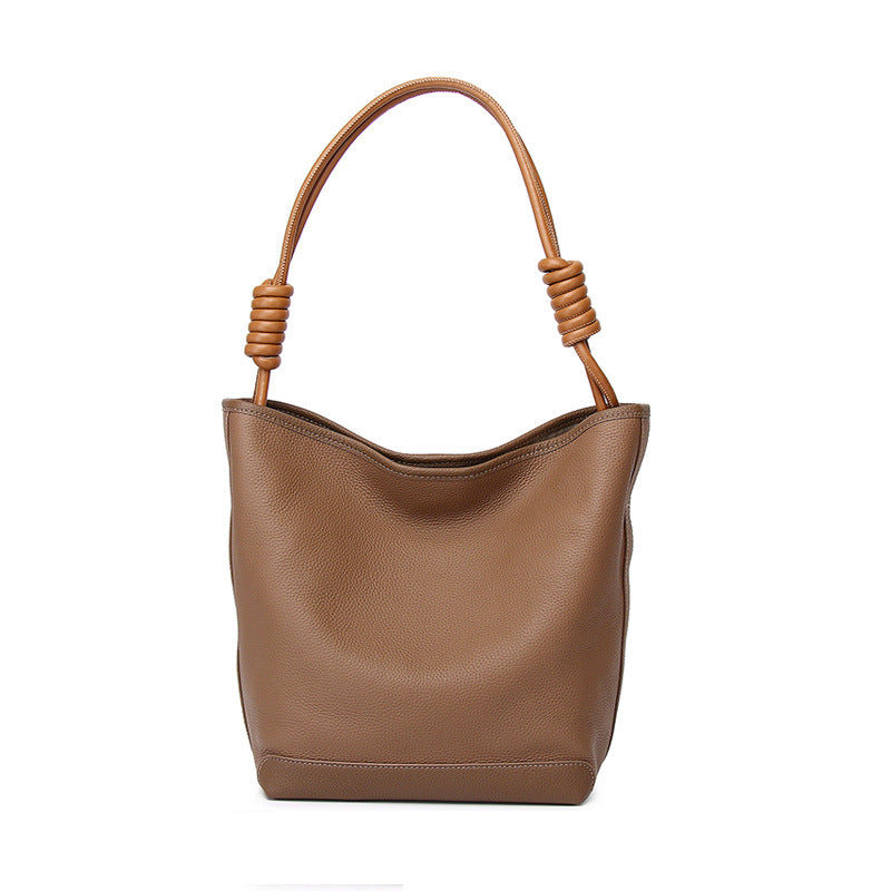 Genuine leather bucket bag women's new tote bag twist rope soft first-layer cowhide retro lazy style armpit bag handbag