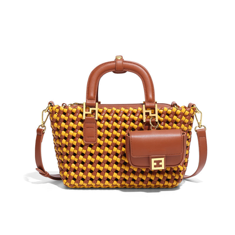 Autumn and winter new color-blocked hand-woven bag, retro fashionable one-shoulder cross-body bag, casual and versatile three-in-one handbag