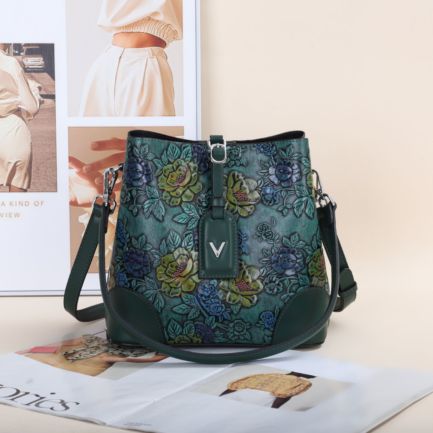 Huakai Fugui 7765 bucket bag siweiya new shoulder crossbody bag peony flower Siweiya retro women's bag