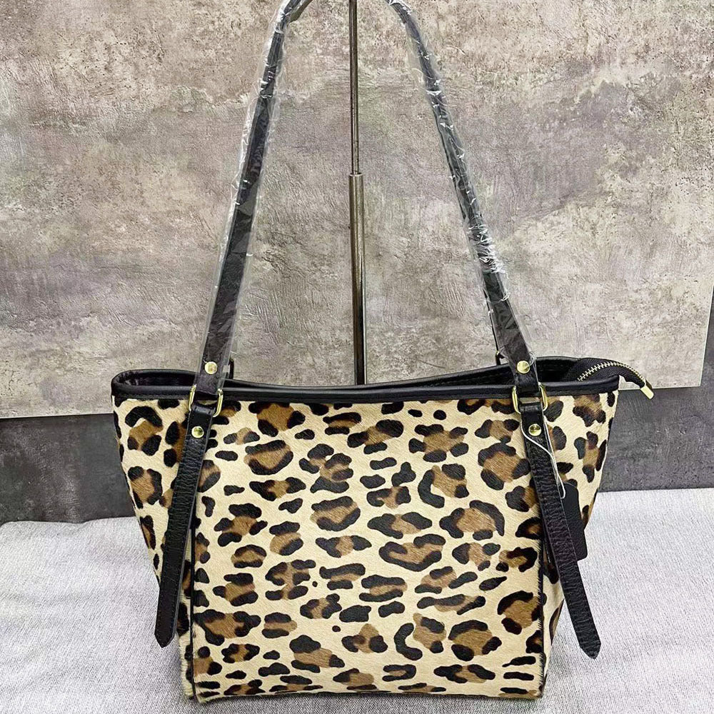 Spot European and American fashion women's bag genuine leather horse hair leopard print tote bag fashion versatile shoulder bag women's A4 file bag