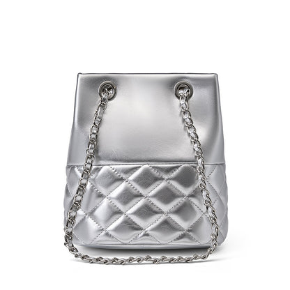 Classic silver genuine leather small fragrant style rhombus chain bucket bag 2023 new high-end niche shoulder crossbody bag