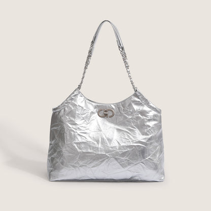 2023 new women's bags, high-end, large-capacity hobo bag, soft tote bag, silver pleated chain shoulder bag