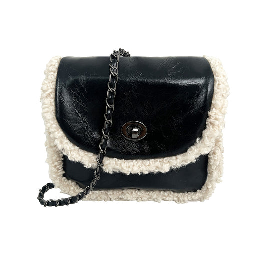 Niche design new women's bag lamb wool stitching leather small square bag versatile color matching chain armpit bag crossbody bag